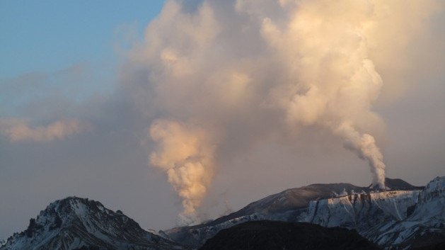 Volcanic eruption between Myrdalsjokull and Eyjafjallajokull glaciers